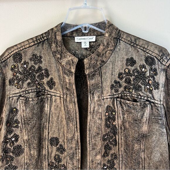 Coldwater Creek Burnout Art to Wear Mocha Embroidered Denim Jacket Size XL - Picture 4 of 15